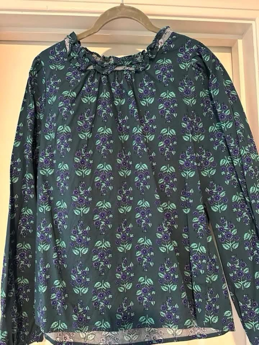 J. Crew Green Floral Ruffle-Neck Blouse with Purple Accents